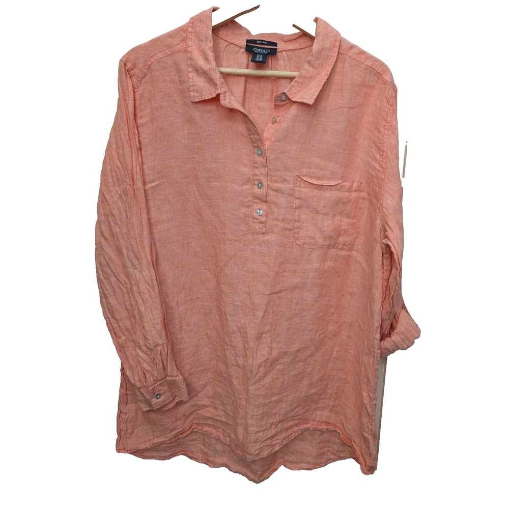 Jones & Co Top Womens 1X Peach Linen Tunic Shirt Tab Lagenlook Coastal Popover